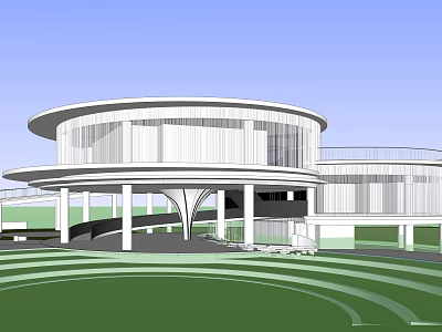 Modern Circular Building Design With Large Windows Green Lawn And Curved Terrace 3d model