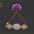 Traditional Headpiece with Red Ribbons Top Pearl Ornament Central Large Gemstone and Side Small Gemstones