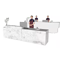 Modern White Reception Desk Featuring Chanel Logo Red Uniformed Receptionists And Green Plants