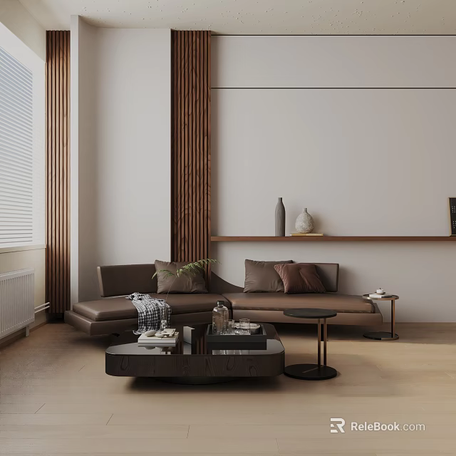 Modern Brown Three Seater Sofa In Living Room With Pillows And Coffee Table 3d model 