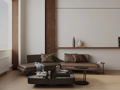 Modern Brown Three Seater Sofa In Living Room With Pillows And Coffee Table 3d model