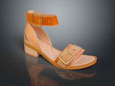Women's Orange Leather Sandals With Two Buckles And Wooden Heel For Summer 3d model