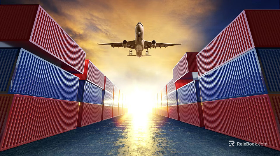 Red And Blue Industrial Containers Arranged With Sunset Light Shining Through And Airplane Flying Overhead 3d model 