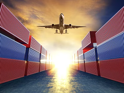 Red And Blue Industrial Containers Arranged With Sunset Light Shining Through And Airplane Flying Overhead 3d model