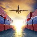 Red And Blue Industrial Containers Arranged With Sunset Light Shining Through And Airplane Flying Overhead