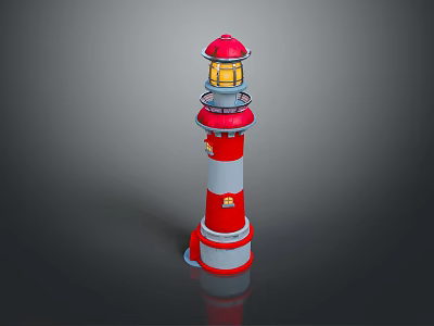 Red and White Lighthouse With Yellow Light on Top Tower Structure and Windows 3d model