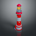 Red and White Lighthouse With Yellow Light on Top Tower Structure and Windows 3d model