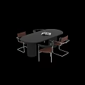 Modern Oval Wooden Table And Four Leather Seat Metal Frame Chairs With Open Book
