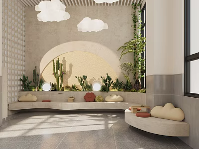 Modern School Indoor Lounge Area With Cloud Decor Green Plants And Curved Benches 3d model