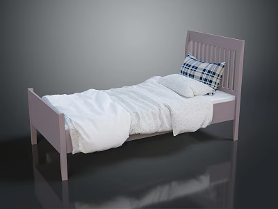 Pink Wooden Bed Frame For Bedroom With White Sheets And Plaid Pillow 3d model