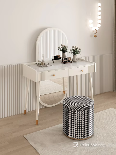 White Vanity with Round Mirror Gold Handles Drawers and Black White Checkered Stool 3d model 