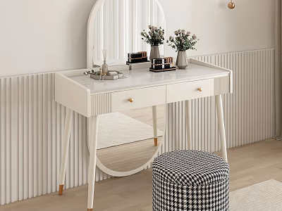 White Vanity with Round Mirror Gold Handles Drawers and Black White Checkered Stool 3d model