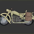 Yellow Vintage Motorcycle With Red Seat Brown Side Bag And Retro Headlight