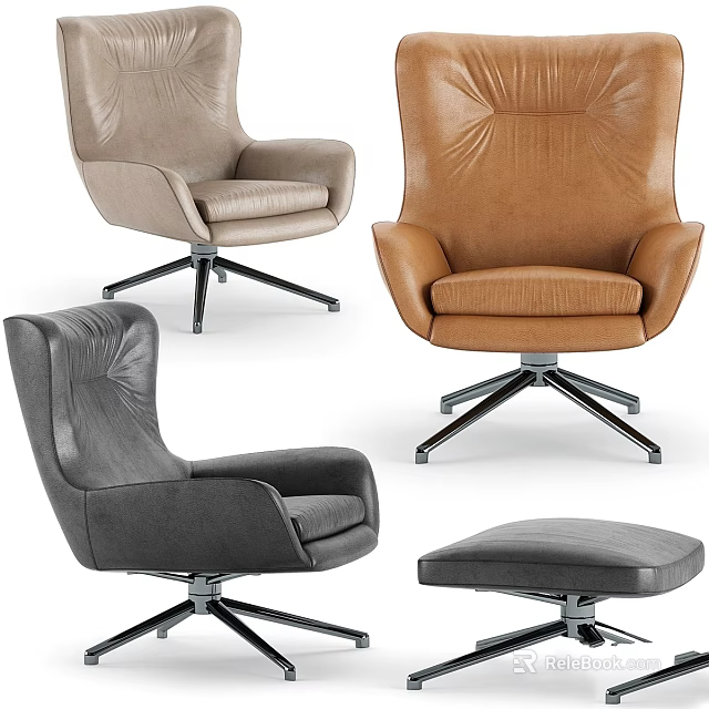 Modern Leather Leisure Chairs With Swivel Base And Ottoman In Beige Brown Black 3d model 