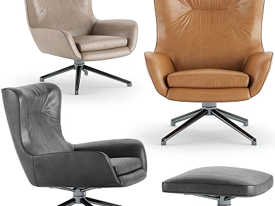 Modern Leather Leisure Chairs With Swivel Base And Ottoman In Beige Brown Black 3d model