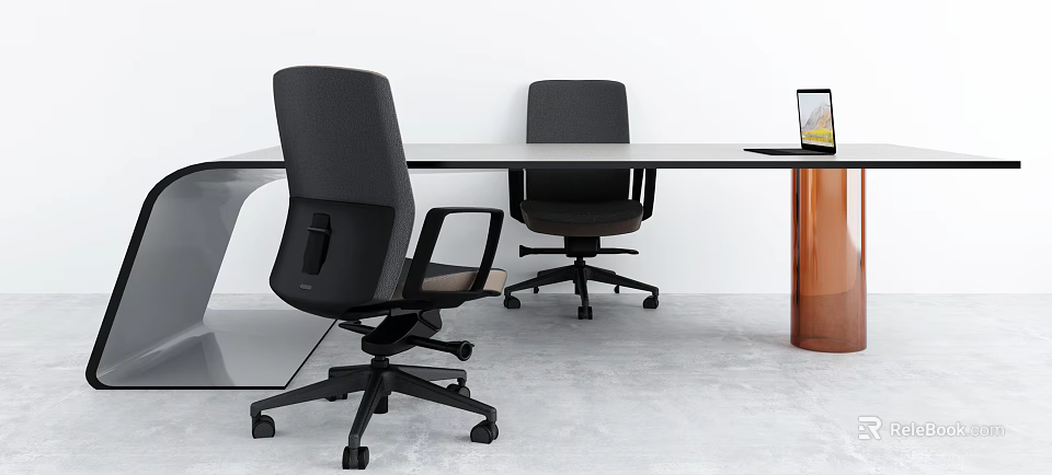Modern Office Desk With Black Swivel Chairs And Tablet On Surface 3d model 