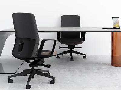 Modern Office Desk With Black Swivel Chairs And Tablet On Surface 3d model