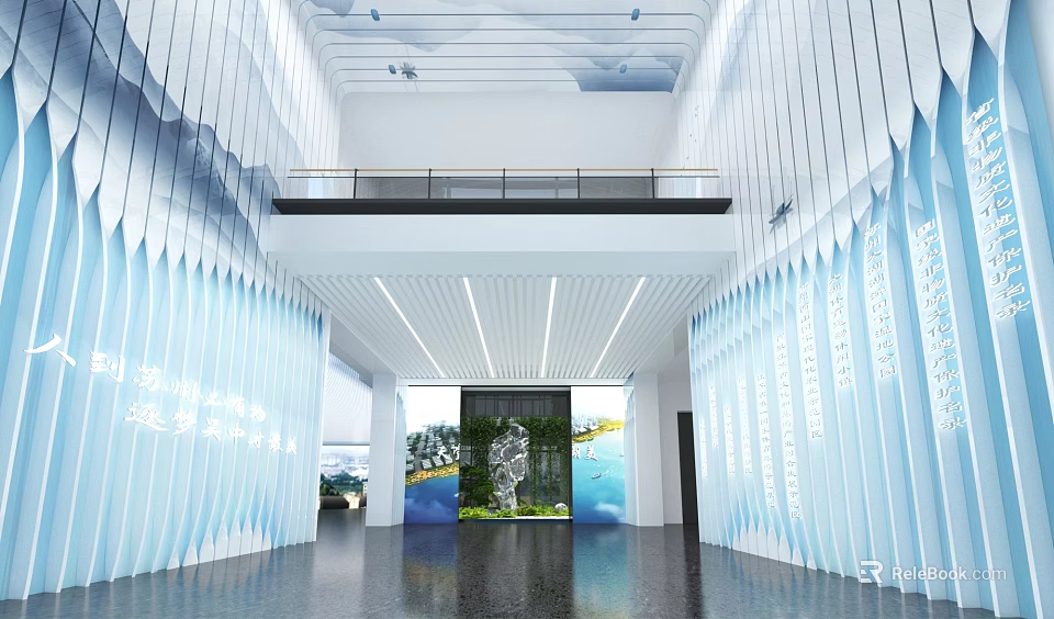 Modern Lobby Interior With White Walls Blue Decor Green Plant Wall And Second Floor Balcony 3d model 