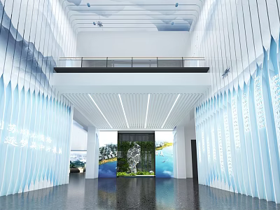 Modern Lobby Interior With White Walls Blue Decor Green Plant Wall And Second Floor Balcony 3d model