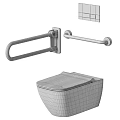 Modern White Toilet With Stainless Steel Grab Bar And Tile Wall
