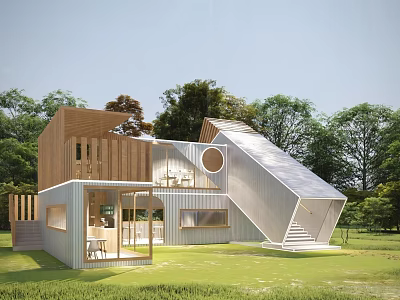 Modern Container Building Home Design With Geometric Shape Wooden Accents And Green Lawn 3d model