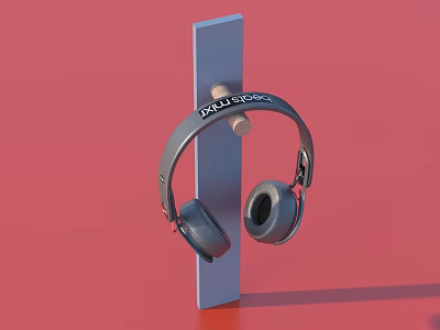 Marshall Over Ear Headphones Hanging On Gray Board With Wooden Hook Red Background 3d model