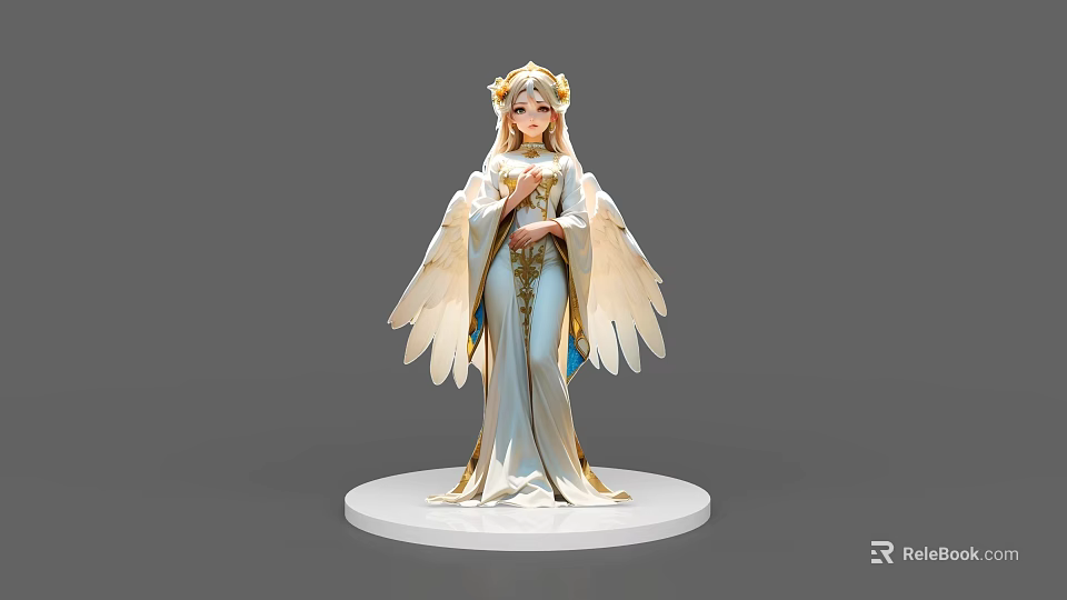 Angelic Game and Movie Character with White Gold Flowing Robe Headdress and Feathered Wings 3d model 