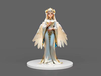 Angelic Game and Movie Character with White Gold Flowing Robe Headdress and Feathered Wings 3d model