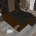Brown Leather Double Bed With Square Design Padded Headboard And Footstool On Wooden Floor