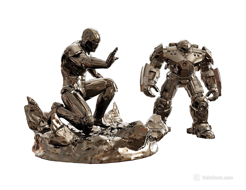 Smart Machines Silver Statues With Kneeling And Standing Poses On Rock Base 3d model 