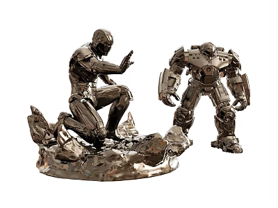 Smart Machines Silver Statues With Kneeling And Standing Poses On Rock Base 3d model