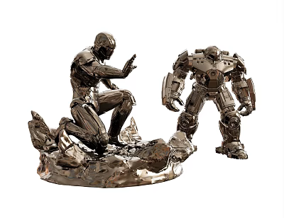 Smart Machines Silver Statues With Kneeling And Standing Poses On Rock Base 3d model