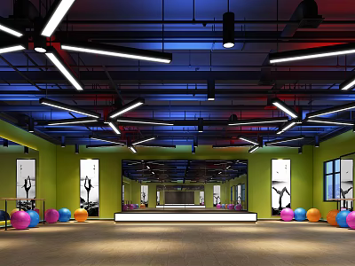 Modern Fitness Studio Interior With Green Walls Mirrored Front And Colorful Exercise Balls 3d model