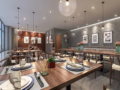 Modern Restaurant Interior With Wooden Dining Tables White Plates Pendant Lights And Decorative Paintings 3d model
