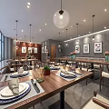 Modern Restaurant Interior With Wooden Dining Tables White Plates Pendant Lights And Decorative Paintings