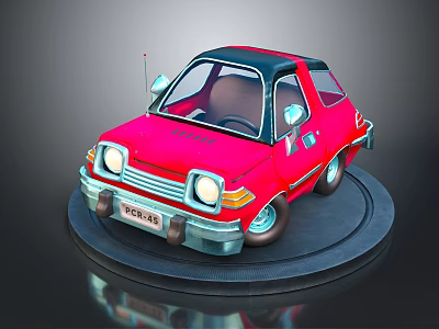 Red Cartoon Car Model On Black Circular Base With White Headlights And Shiny Surface 3d model