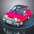 Red Cartoon Car Model On Black Circular Base With White Headlights And Shiny Surface