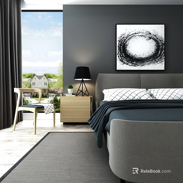 Gray Double Bed with Checkered Pillows Dark Blue Blanket Nightstand Black Lamp and Abstract Art 3d model 