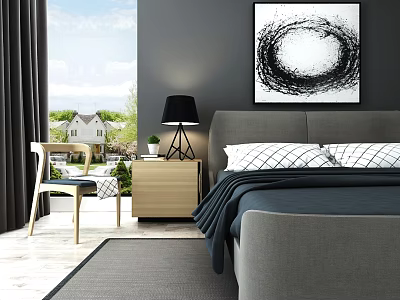 Gray Double Bed with Checkered Pillows Dark Blue Blanket Nightstand Black Lamp and Abstract Art 3d model