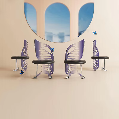 Purple Butterfly Shaped Single Chair Black Seat Metal Legs Decorative Butterflies Round Mirror Sky View 3d model