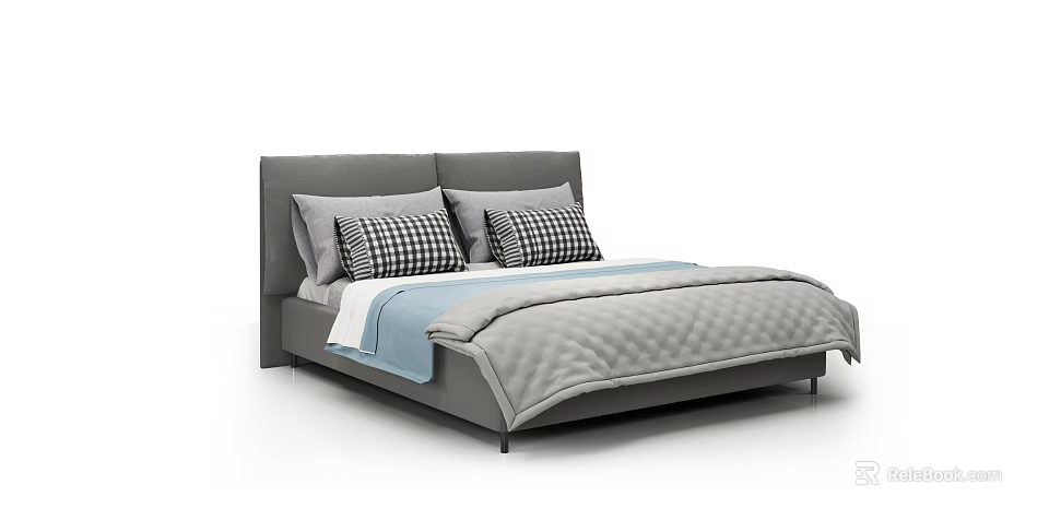 Double Bed With Gray Headboard Black And White Checkered Pillows Blue Throw And Gray Quilt 3d model 
