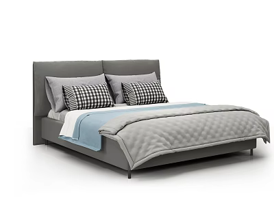 Double Bed With Gray Headboard Black And White Checkered Pillows Blue Throw And Gray Quilt 3d model