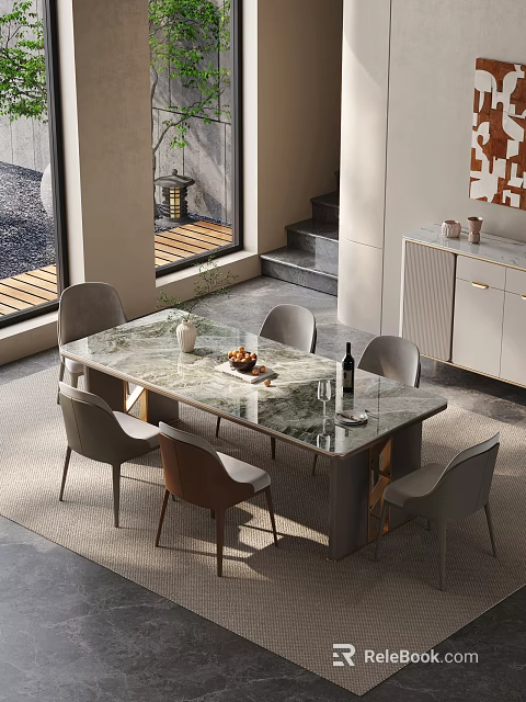 Modern Dining Table And Chairs Set With Marble Top And Metal Legs In Elegant Interior 3d model 