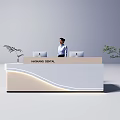 Modern Retail Store Front Desk with Curved Design Laptop and Green Plant
