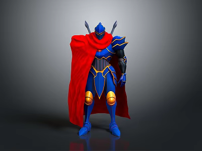 Standing Blue Armored Character With Red Cape And Gold Accent Details 3d model