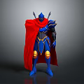 Standing Blue Armored Character With Red Cape And Gold Accent Details