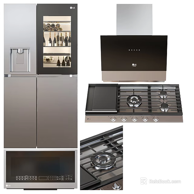 Modern Stainless Steel Kitchen Appliances Including Refrigerator Range Hood And Gas Stove 3d model 
