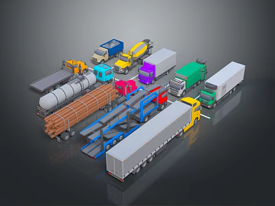 Types of Commercial Transportation Equipment Including Trucks Trailers Cranes and Tankers 3d model