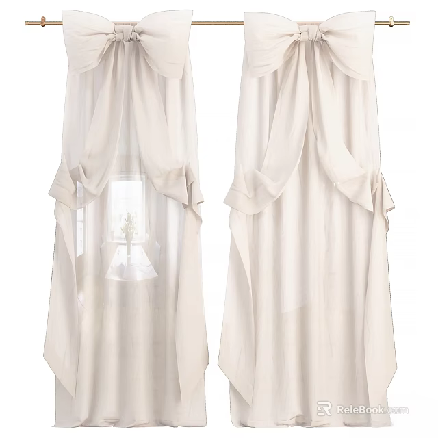 Cream Linen Curtains With Bow Accents Light Filtering For Interior Decor 3d model 