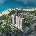 Modern High Rise Hotel Building with Sunset Sky Landscaped Surroundings and Ground Floor Retail Spaces
